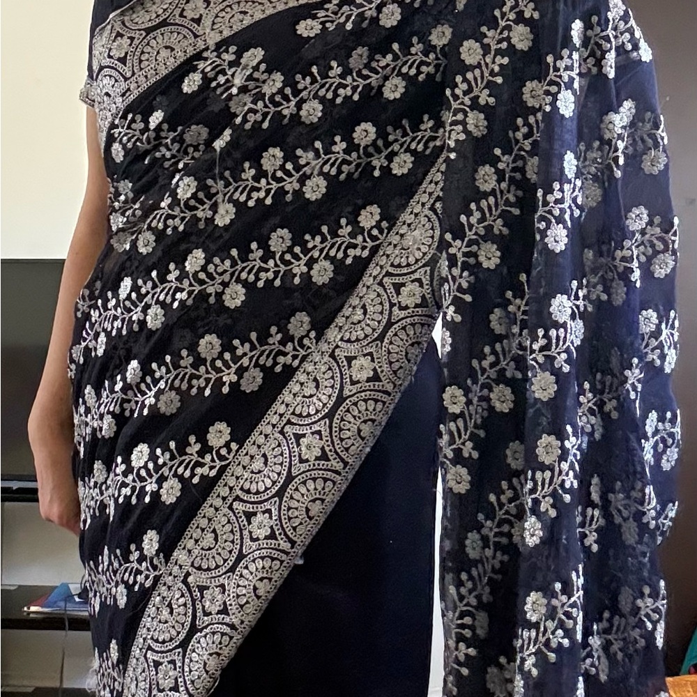 Embroidered Navy Saree with Silver Floral Detail